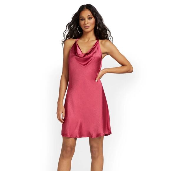 NWT Lena Mini Satin Slip Dress Womens L Purple Cowl Neck Halter Backless - Picture 1 of 6
